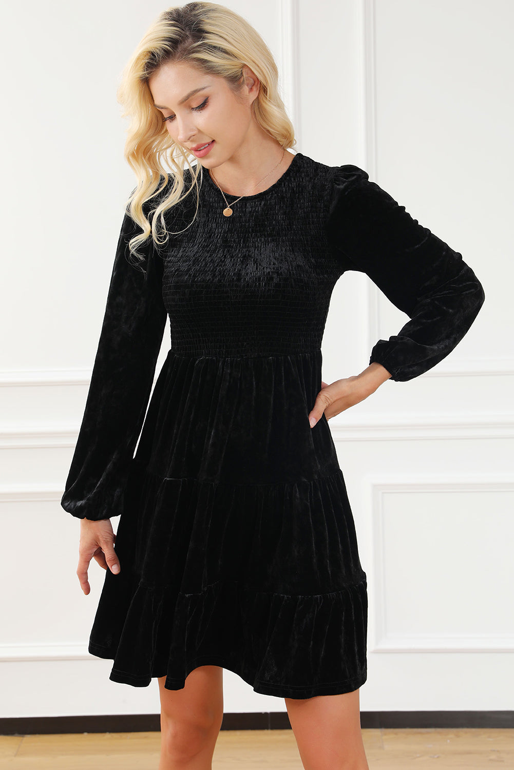 Black Velvet Smocked Puff Sleeve Ruffle Mini Dress