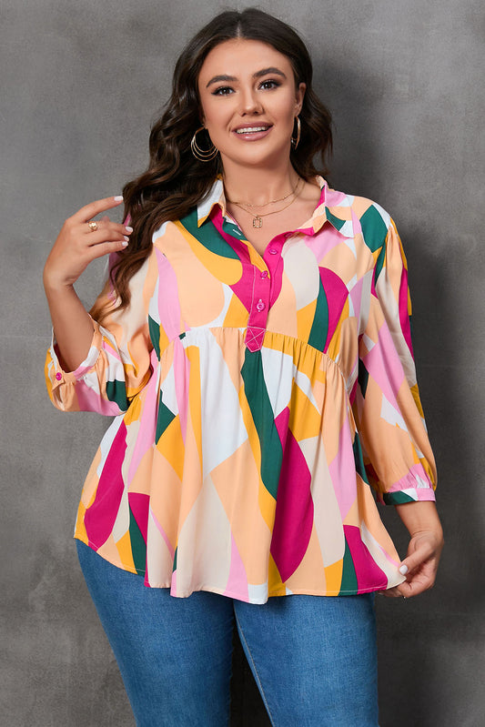 Ginger Plus Size Geometric Print Bracelet Sleeve Flowy Blouse