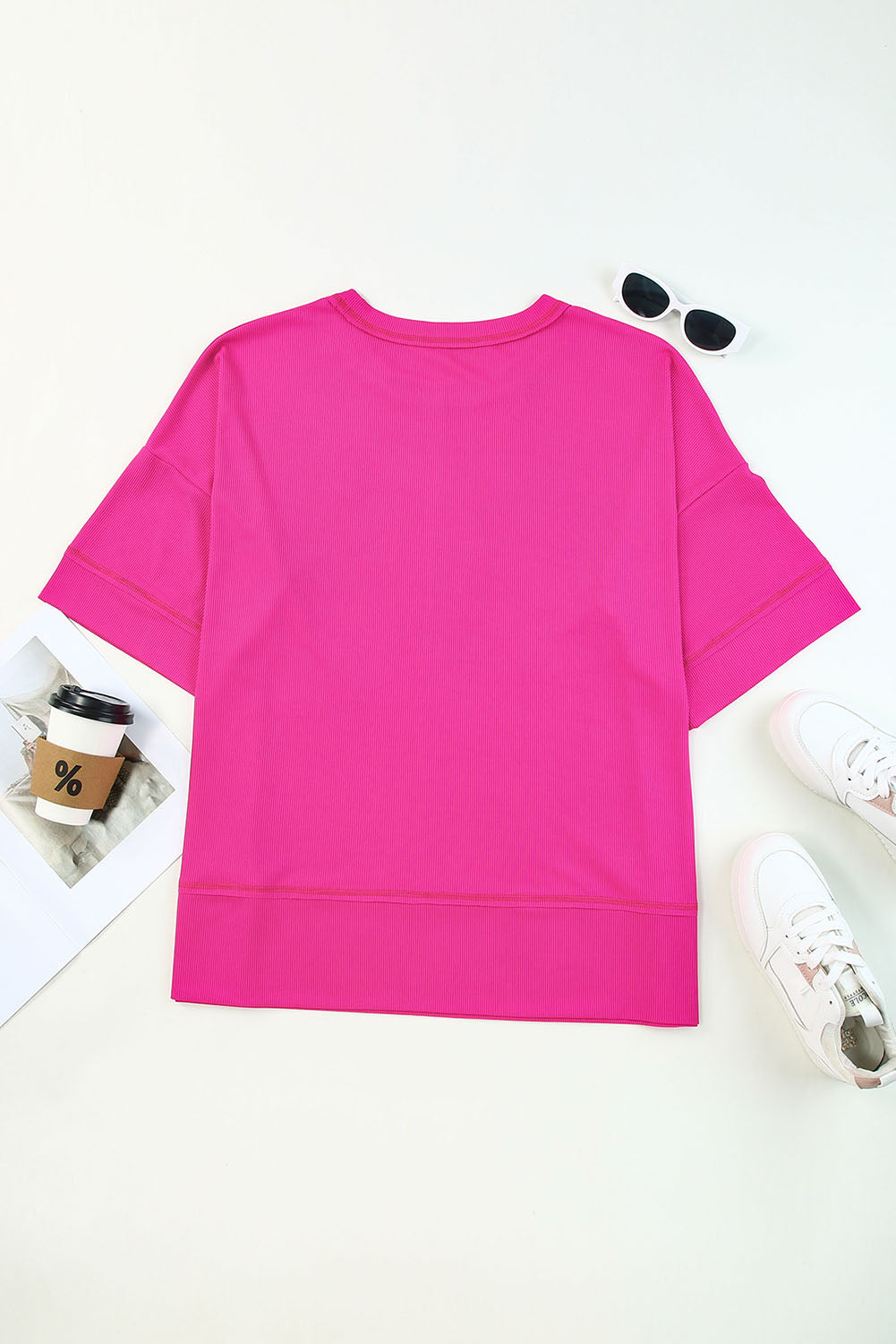 Pink Plus Size Ribbed 3/4 Sleeves Flowy Top