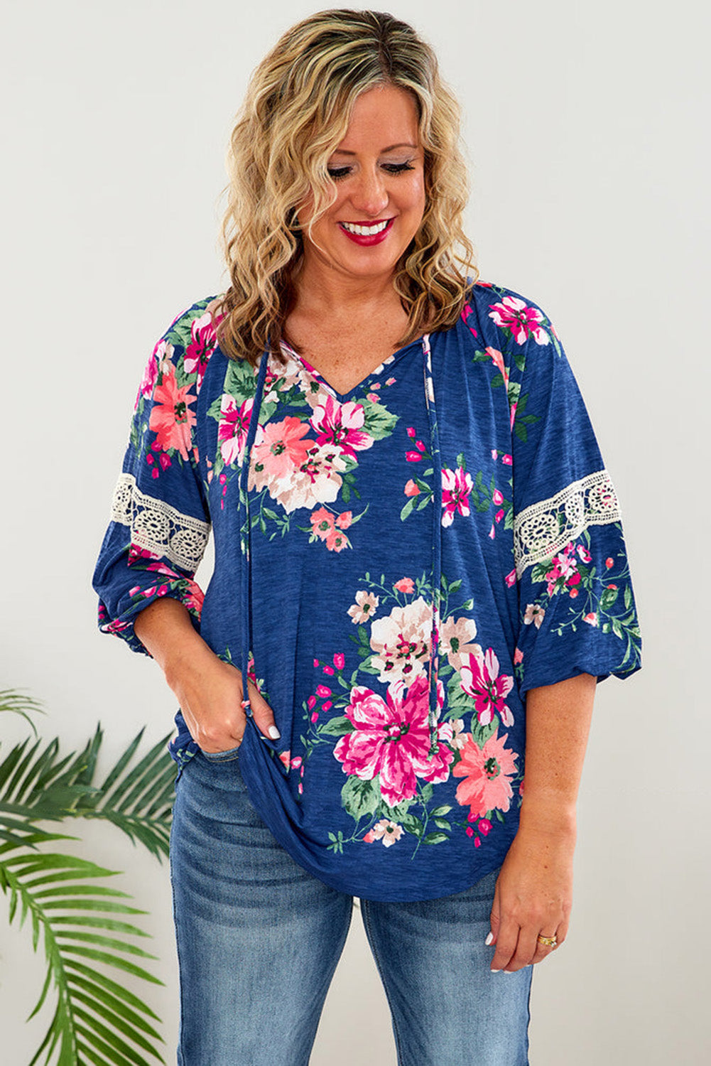 Dark Blue Plus Size Lace Patch 3/4 Sleeve Split Neck Floral Top