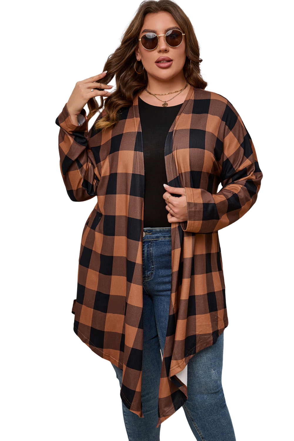 Brown Plus Size Plaid Pattern Open Front Cardigan