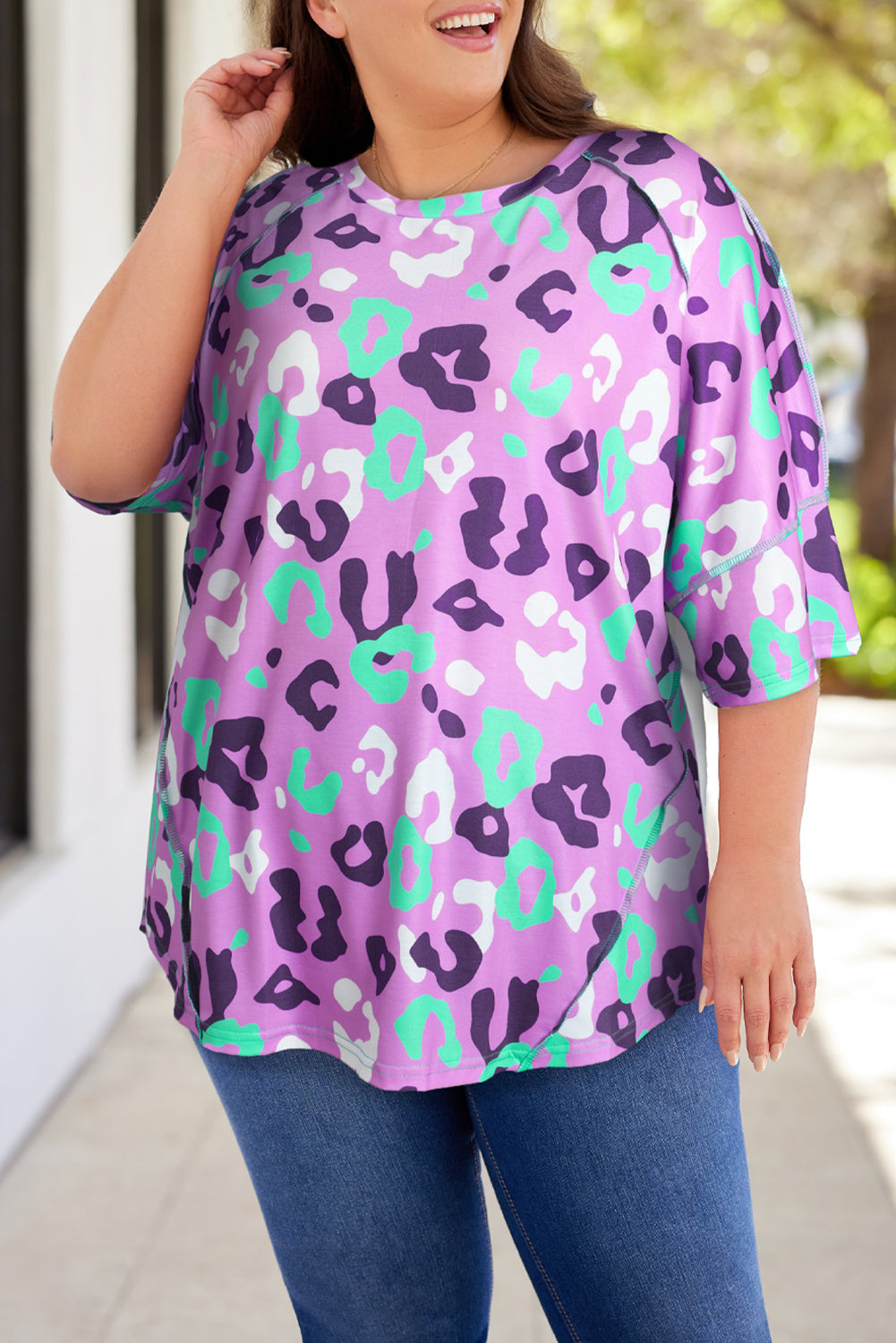 Purple Leopard Kiss Print Plus Size Short Sleeve Tee