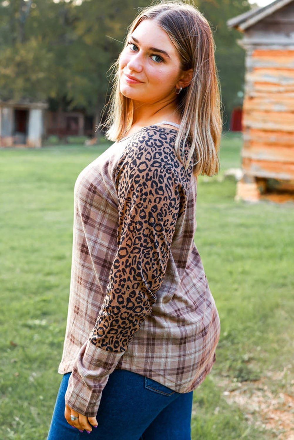 Chestnut Plus Size Leopard Raglan Sleeve Plaid Top