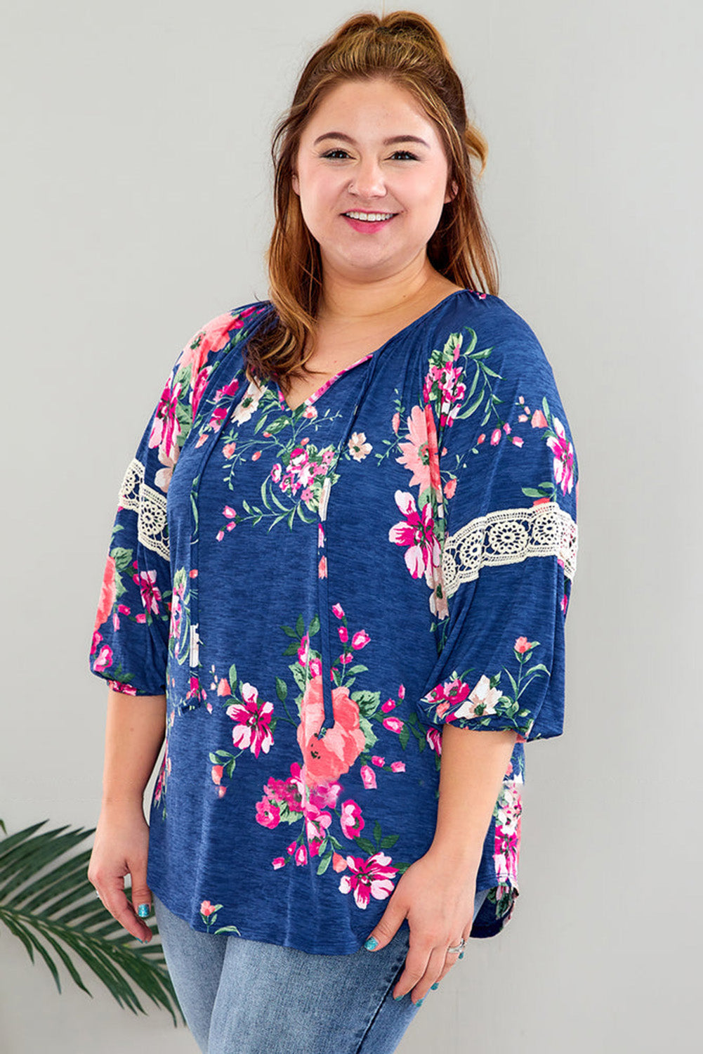 Dark Blue Plus Size Lace Patch 3/4 Sleeve Split Neck Floral Top