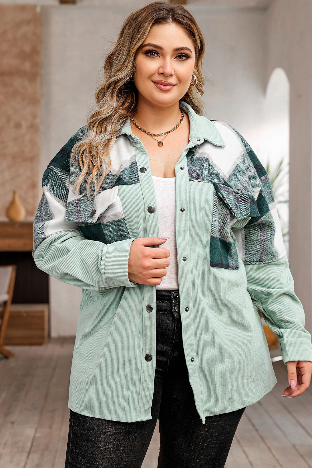 Green Plaid Patchwork Plus Size Corduroy Shacket