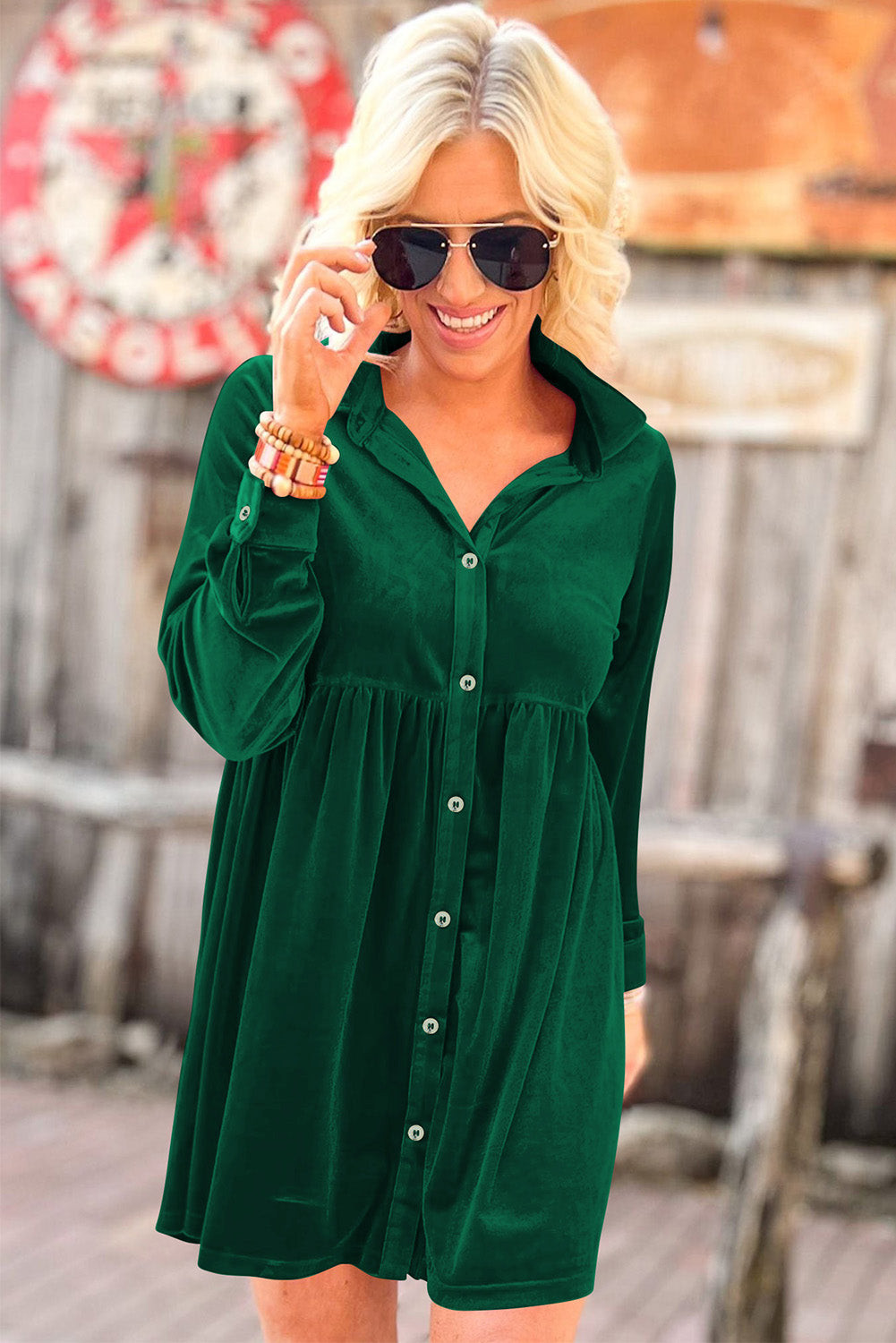 Green Long Sleeve Ruffle Velvet Button Up Dress