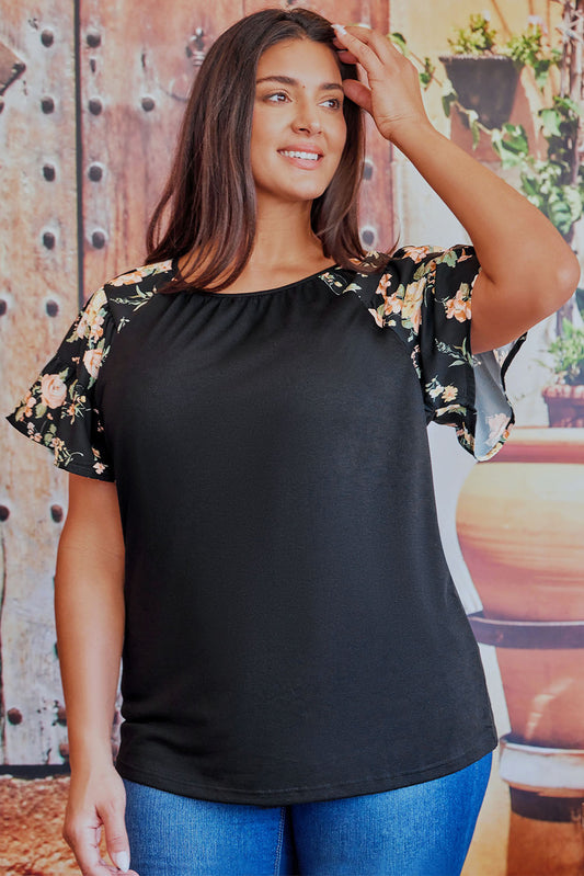 Black Floral Ruffle Sleeve Plus Size Top