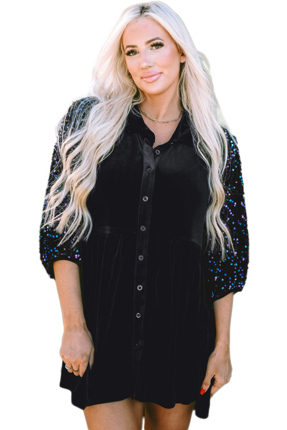 Black Sequin Puff Sleeve Buttoned Velvet Peplum Shirt