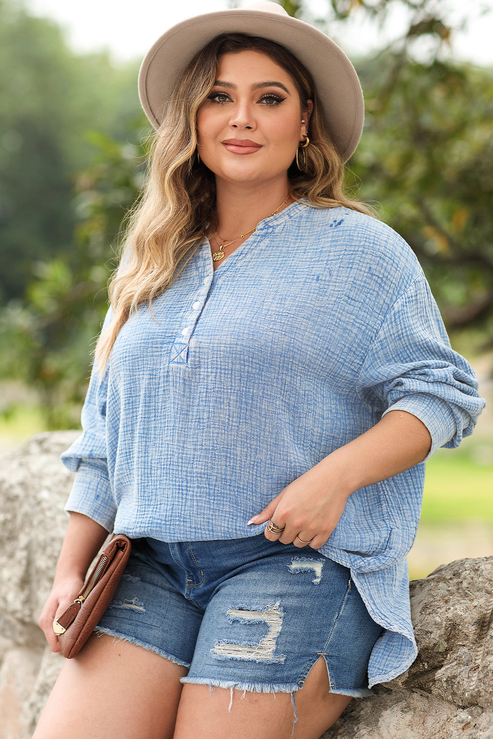 Light Blue Plus Size Split Neck Buttons Crinkled Blouse