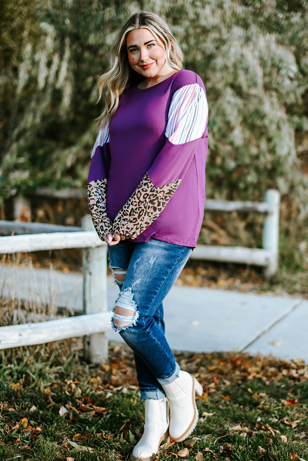 Purple Leopard Striped Color Block Plus Size Top