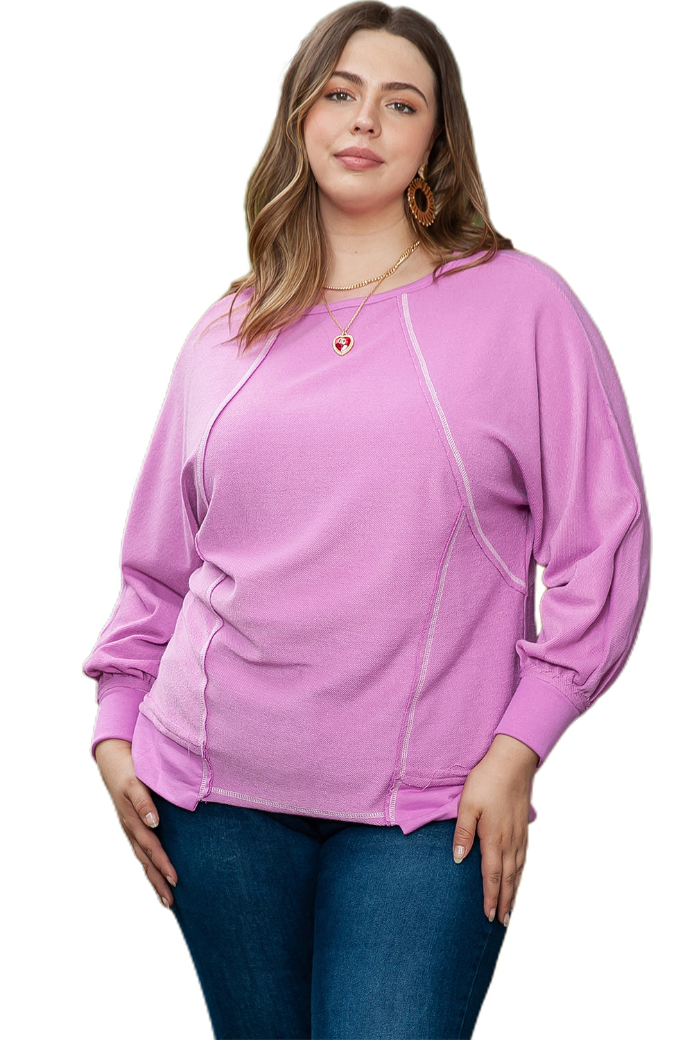 Pink Plus Size Exposed Seam Terry Long Sleeve Top