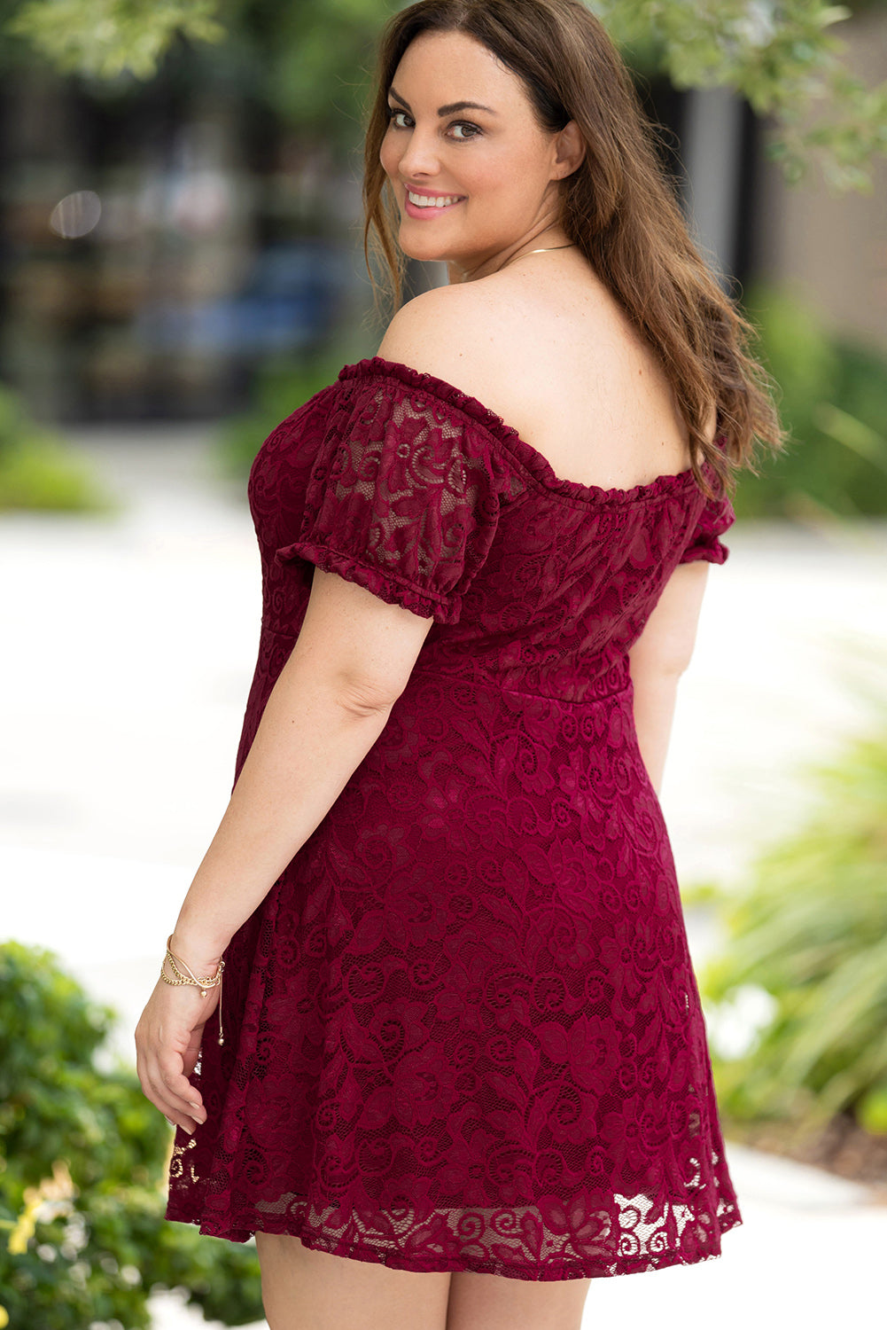 Fiery Red Lace Frill Bubble Sleeve Off Shoulder Plus Size Dress