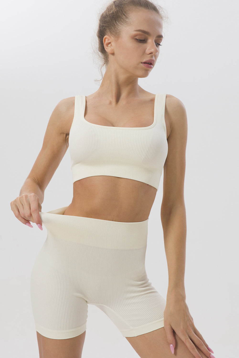 White 2pcs Solid Color Ribbed Knit Yoga Set