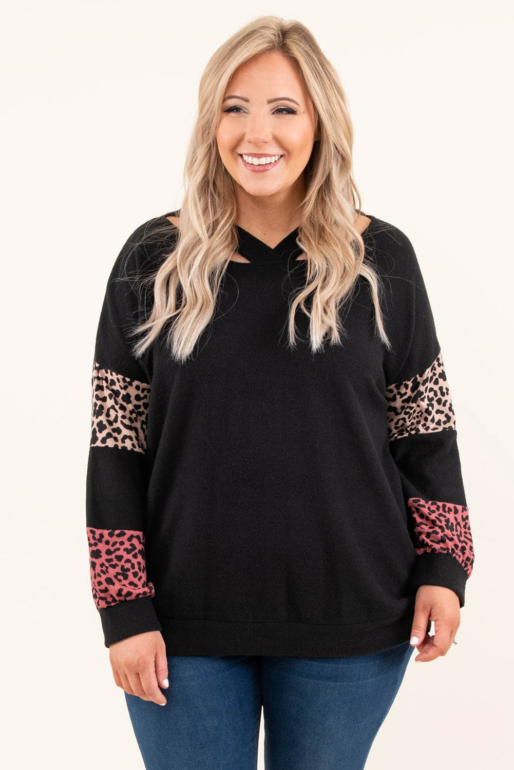 Black Plus Size Leopard Patchwork Strappy Neck Top