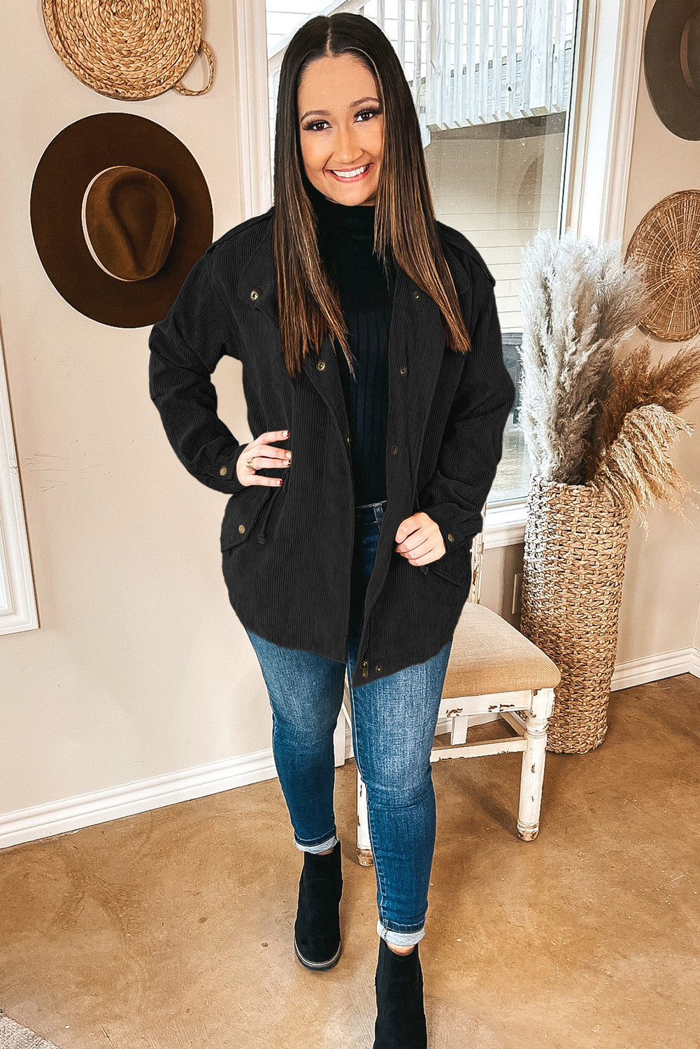 Black Plus Size Button Zipped Corduroy Jacket