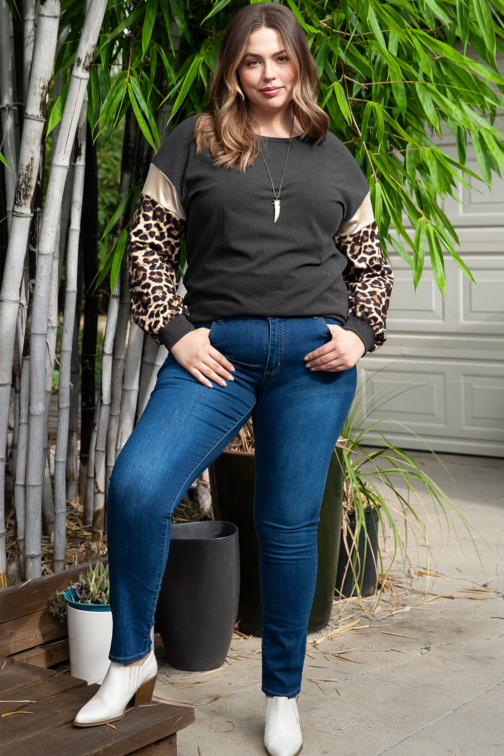 Black Plus Size Leopard Sequin Long Sleeve Top