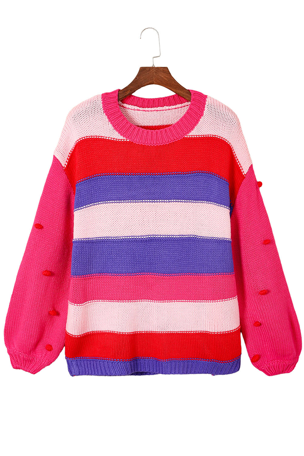 Pink Plus Size Striped Knit Pompom Puff Sleeve Sweater