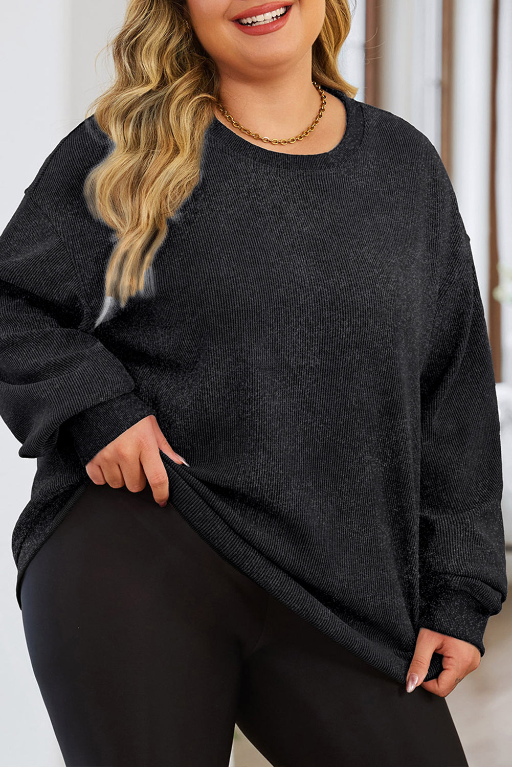 Black Plus Size Corded Round Neck Sweatshirt