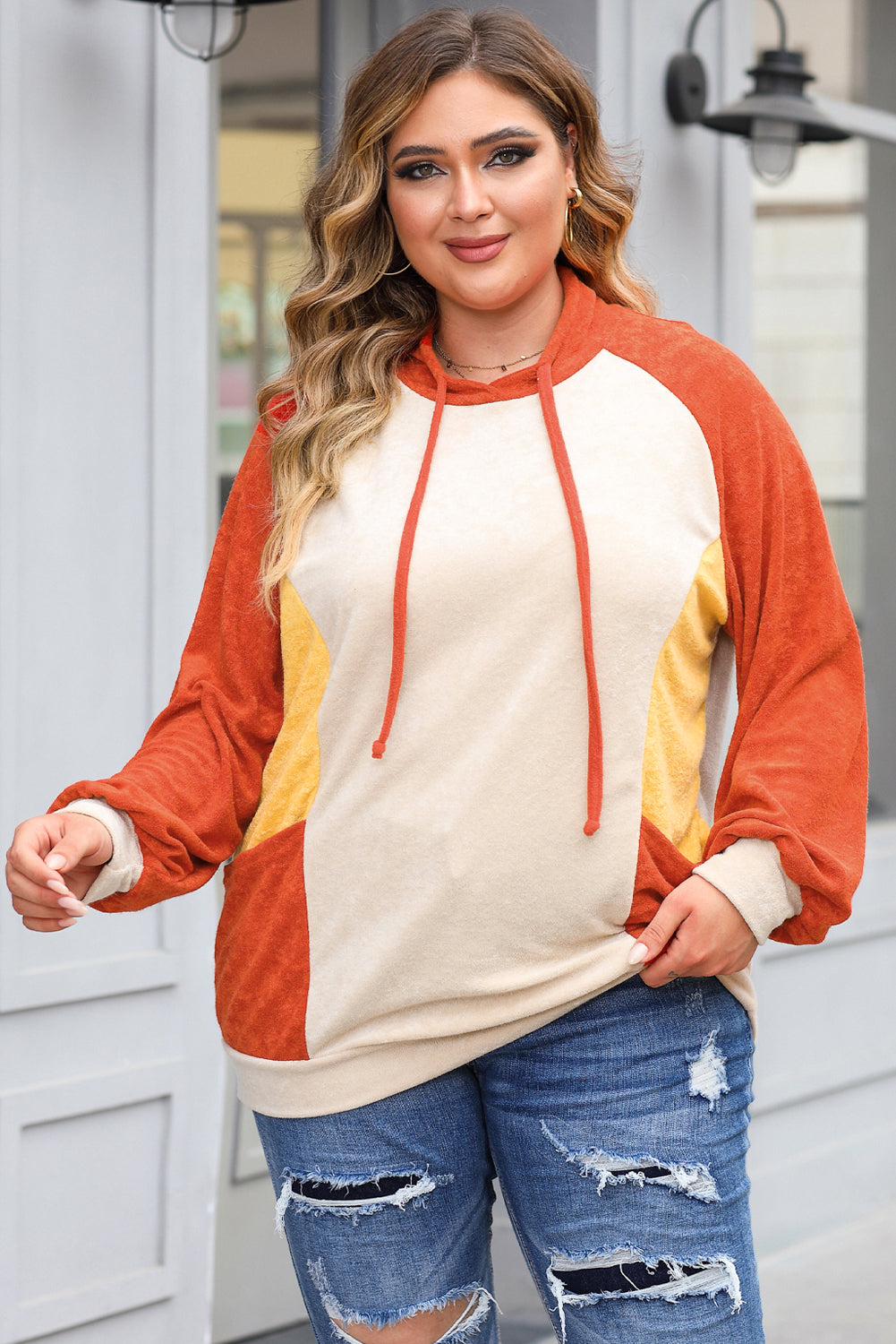 Orange Plus Size Colorblock Raglan Hoodie with Pockets