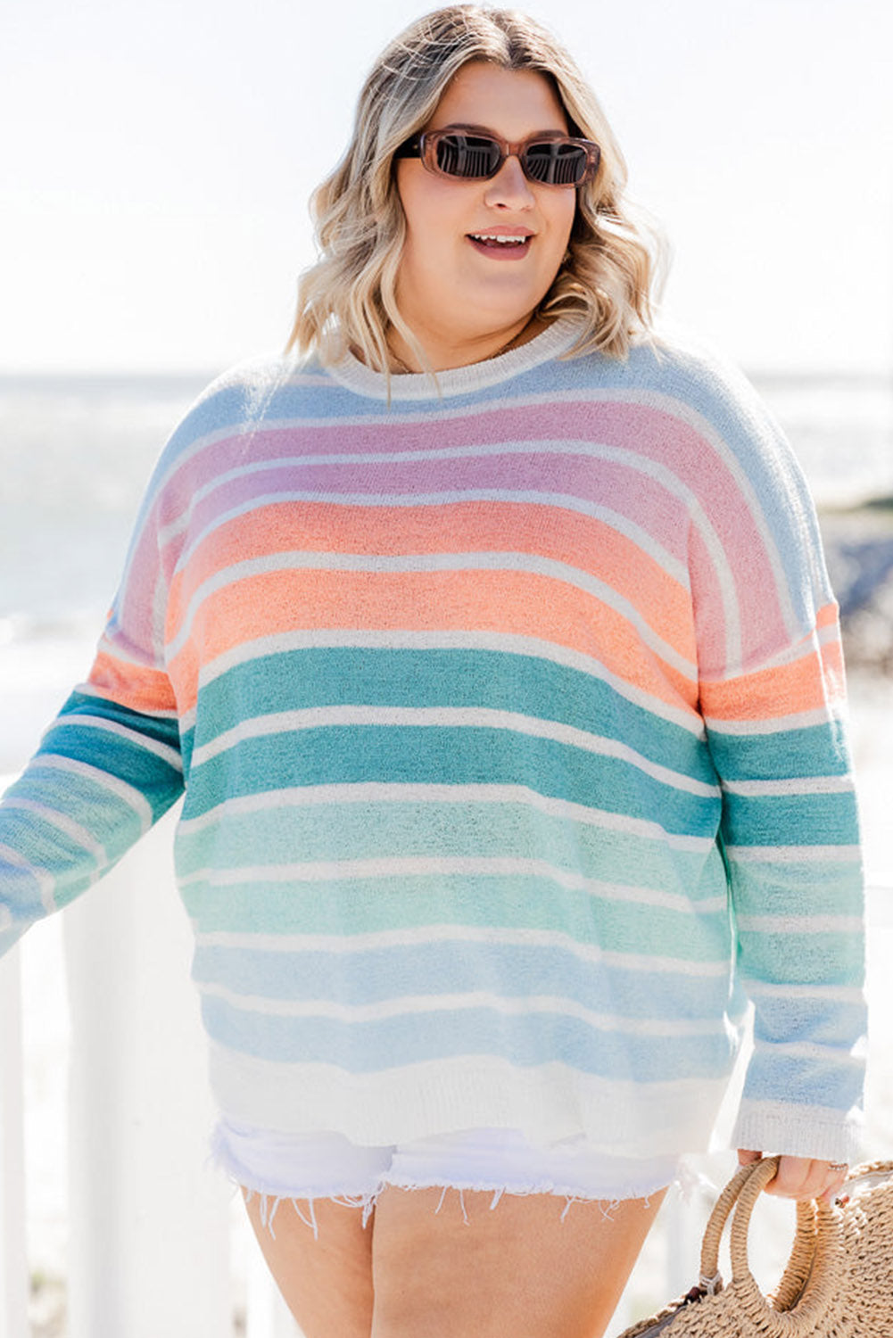 Multicolor Striped Crewneck Plus Size Sweater