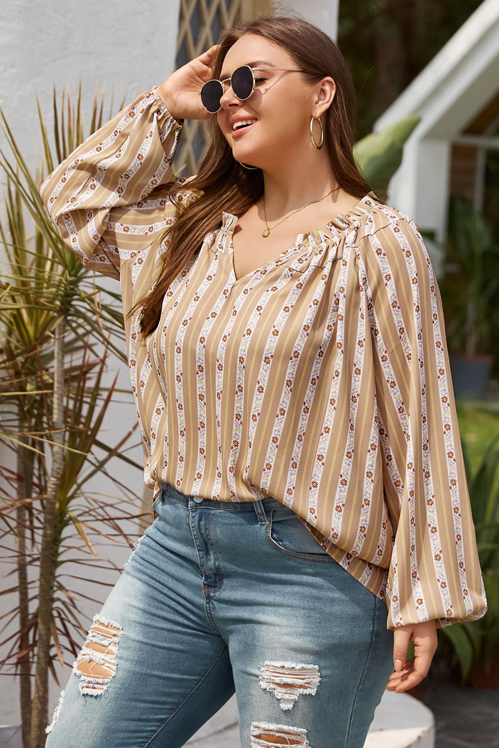 Pink Plus Size Printed Split Neck Blouse