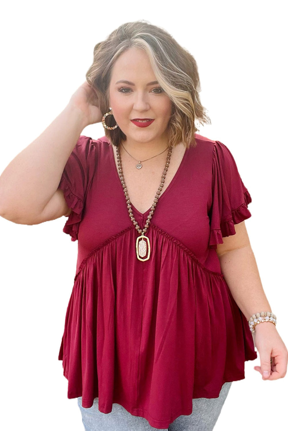 Fiery Red Plus Size V Neck Ruffle Sleeve Peplum Blouse