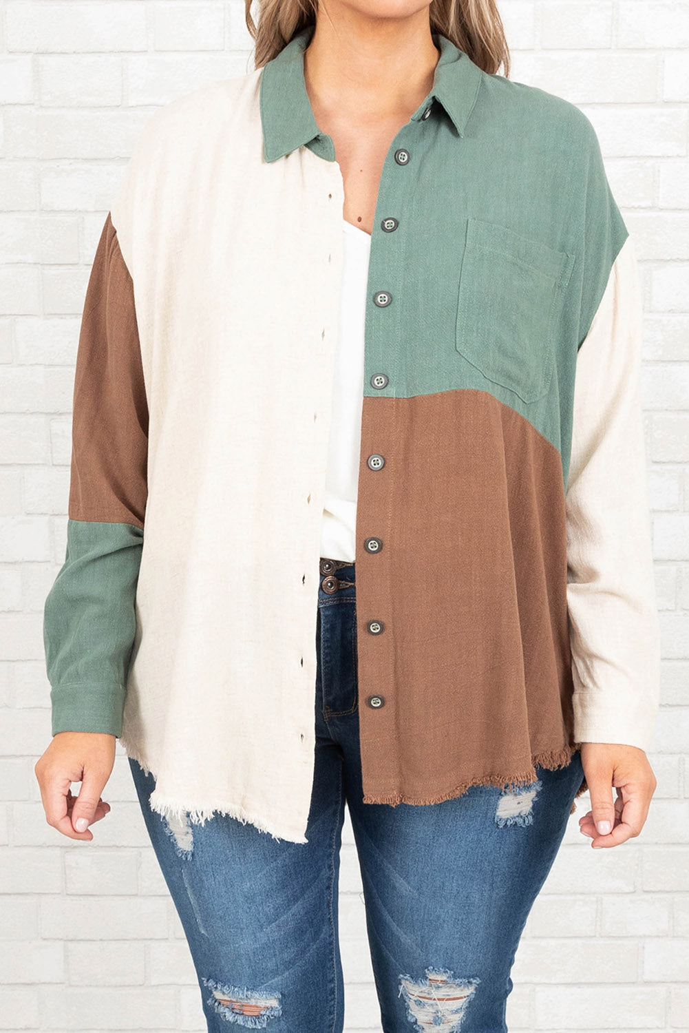 Green Colorblock Raw Edge Plus Size Shirt