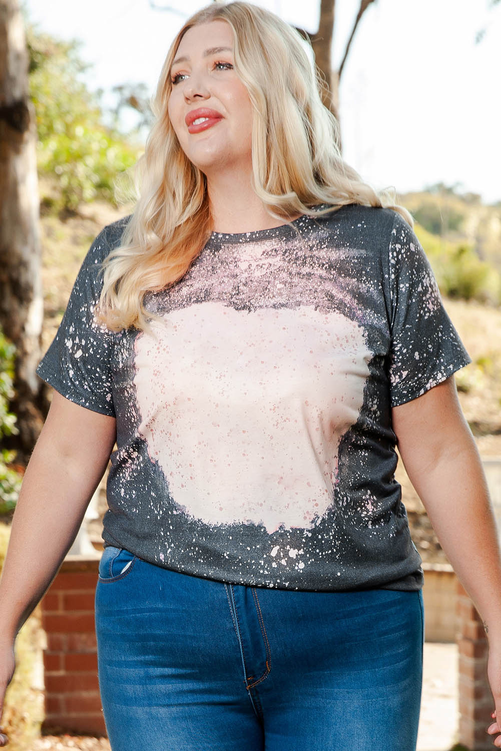 Black Plus Size Bleached Tie-dye Print T-shirt