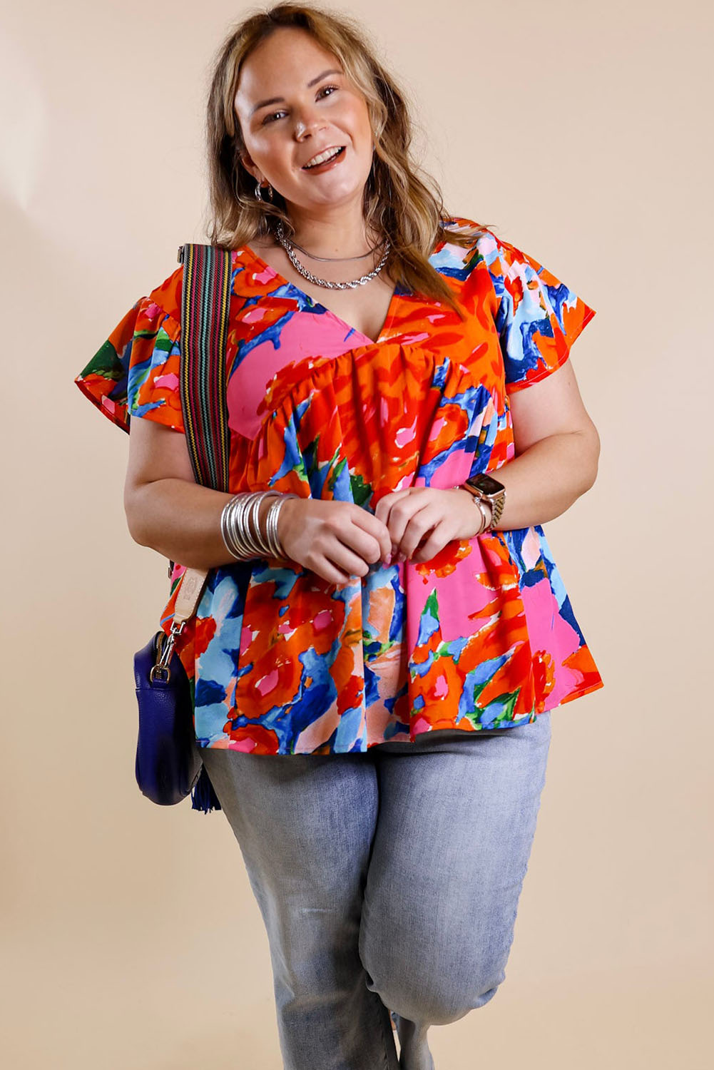 Fiery Red Abstract Floral Print V Neck Plus Blouse