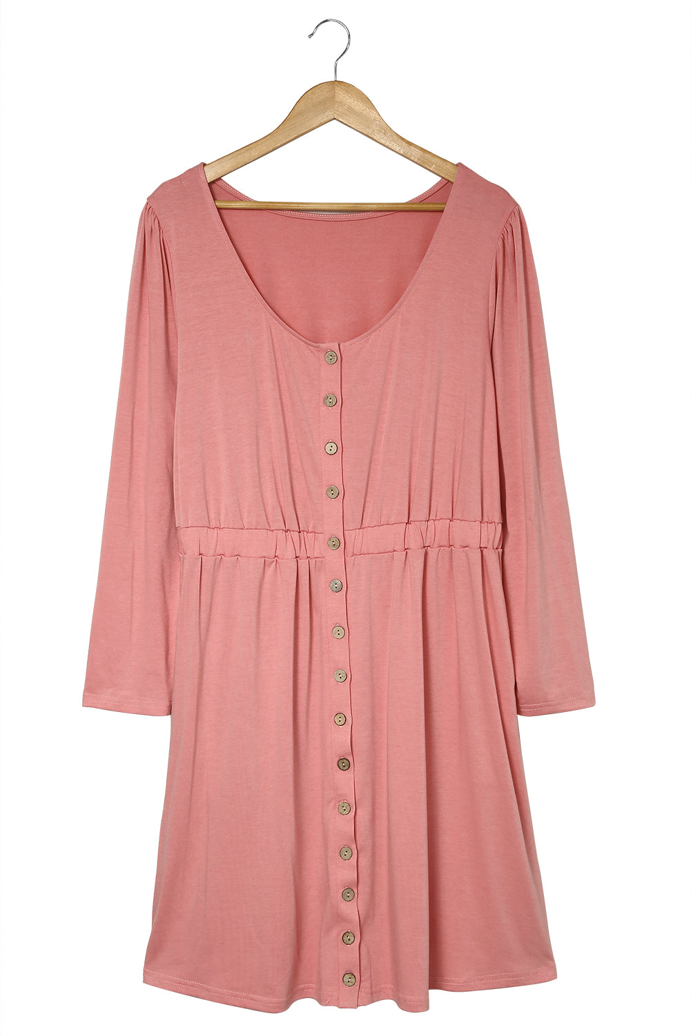 Pink Solid Button Front Plus Size Long Sleeve Dress