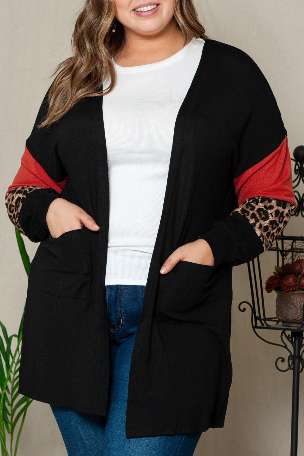 Black Leopard Color Block Sleeve Plus Size Cardigan