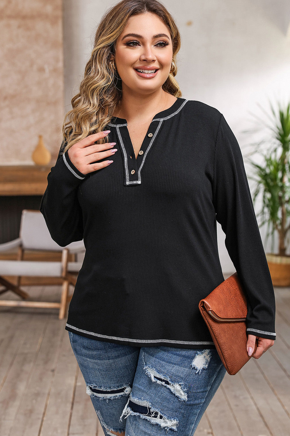 Black Plus Size Contrasting Topstitch Ribbed Henley Top