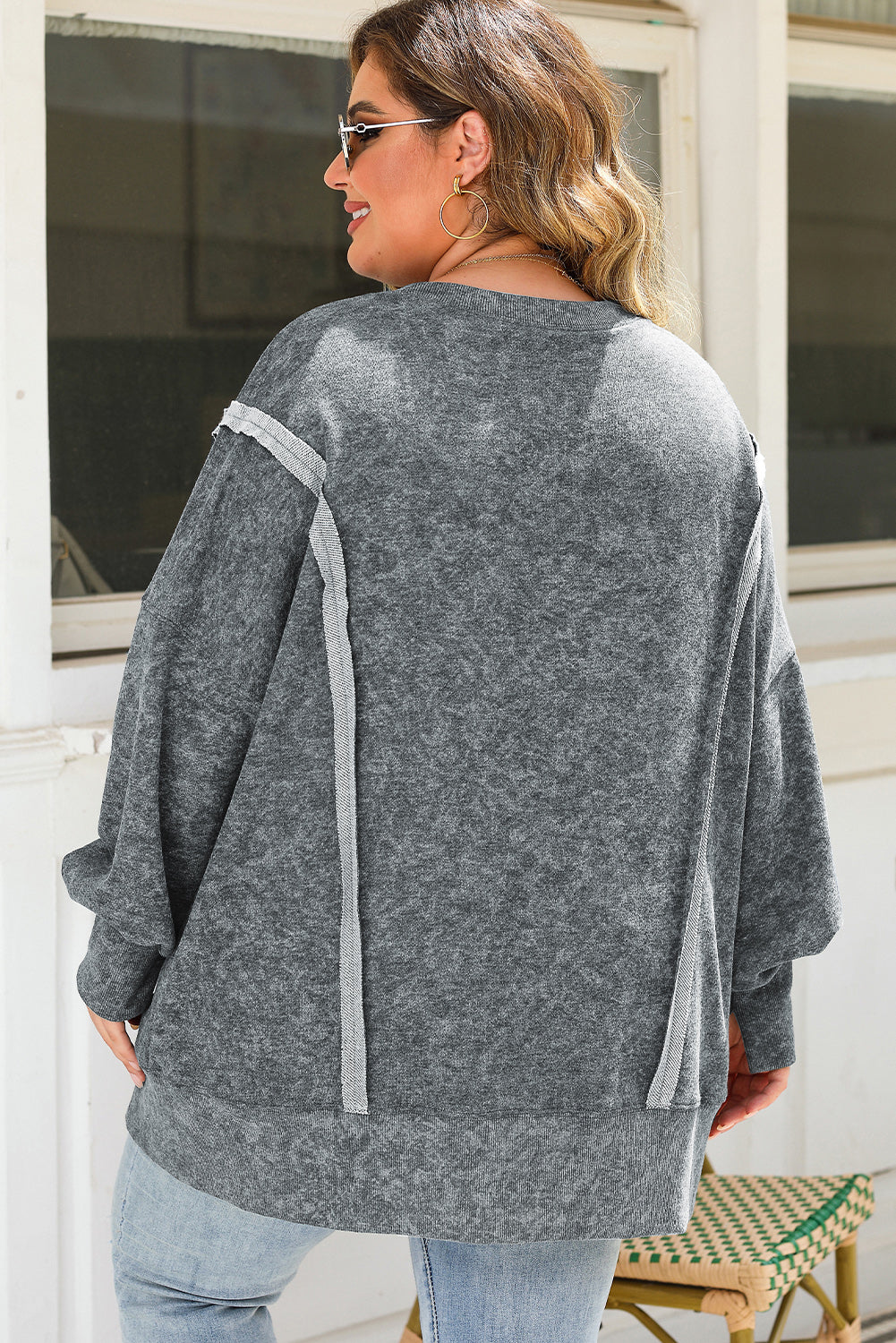 Gray Expose Seamed Washed Split Plus Size Sweatshirt