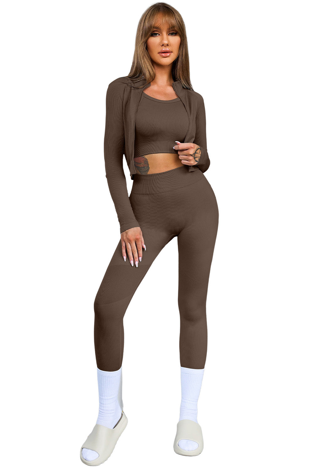 Brown Ribbed Knit 3pcs Sports Set