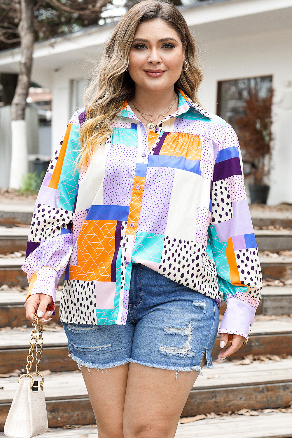 Multicolour Plus Size Mixed Print Buttoned Shirt