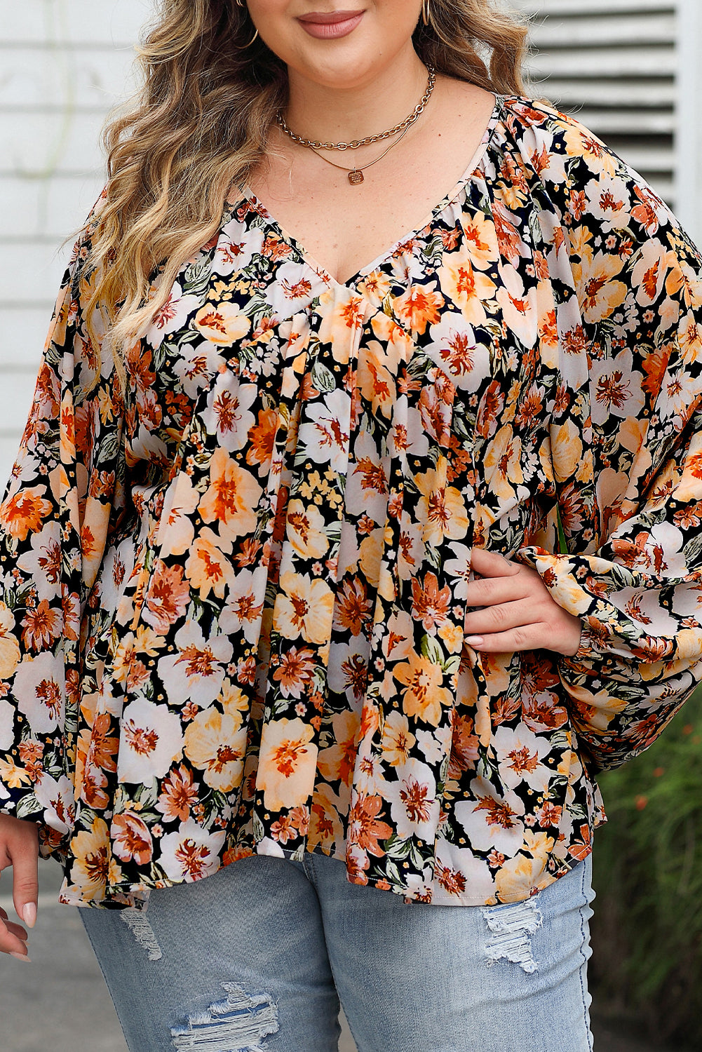 Multicolor Plus Size Floral V-Neck Long Sleeve Blouse