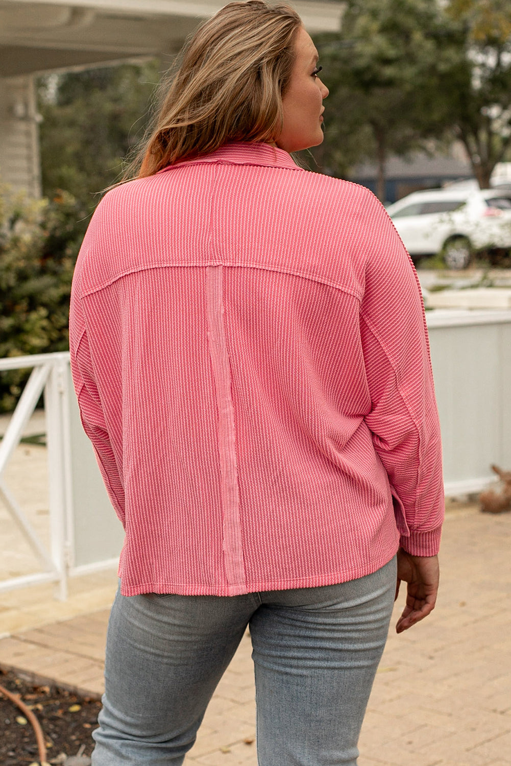 Pink Plus Size Ribbed Pocketed Long Sleeve Henley Top