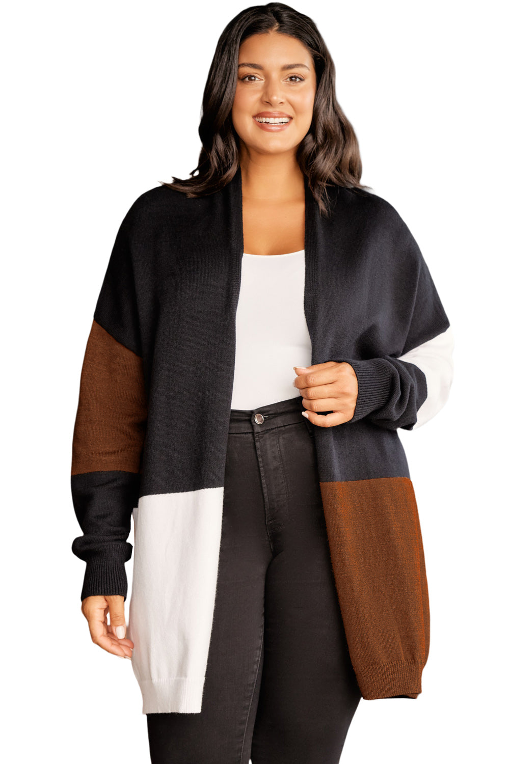 Brown Plus Size Open Front Color Block Cardigan