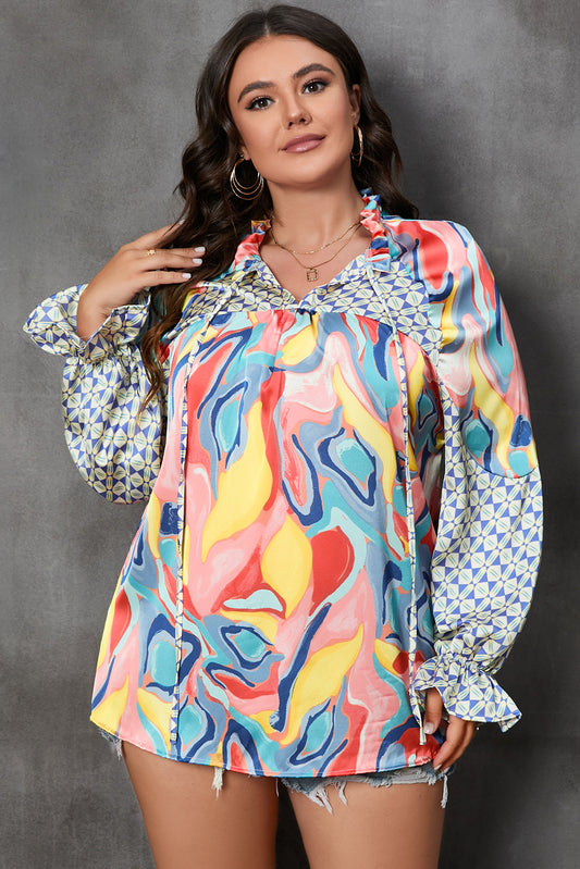 Multicolour Abstract Print Drawstring V Neck Plus Size Blouse