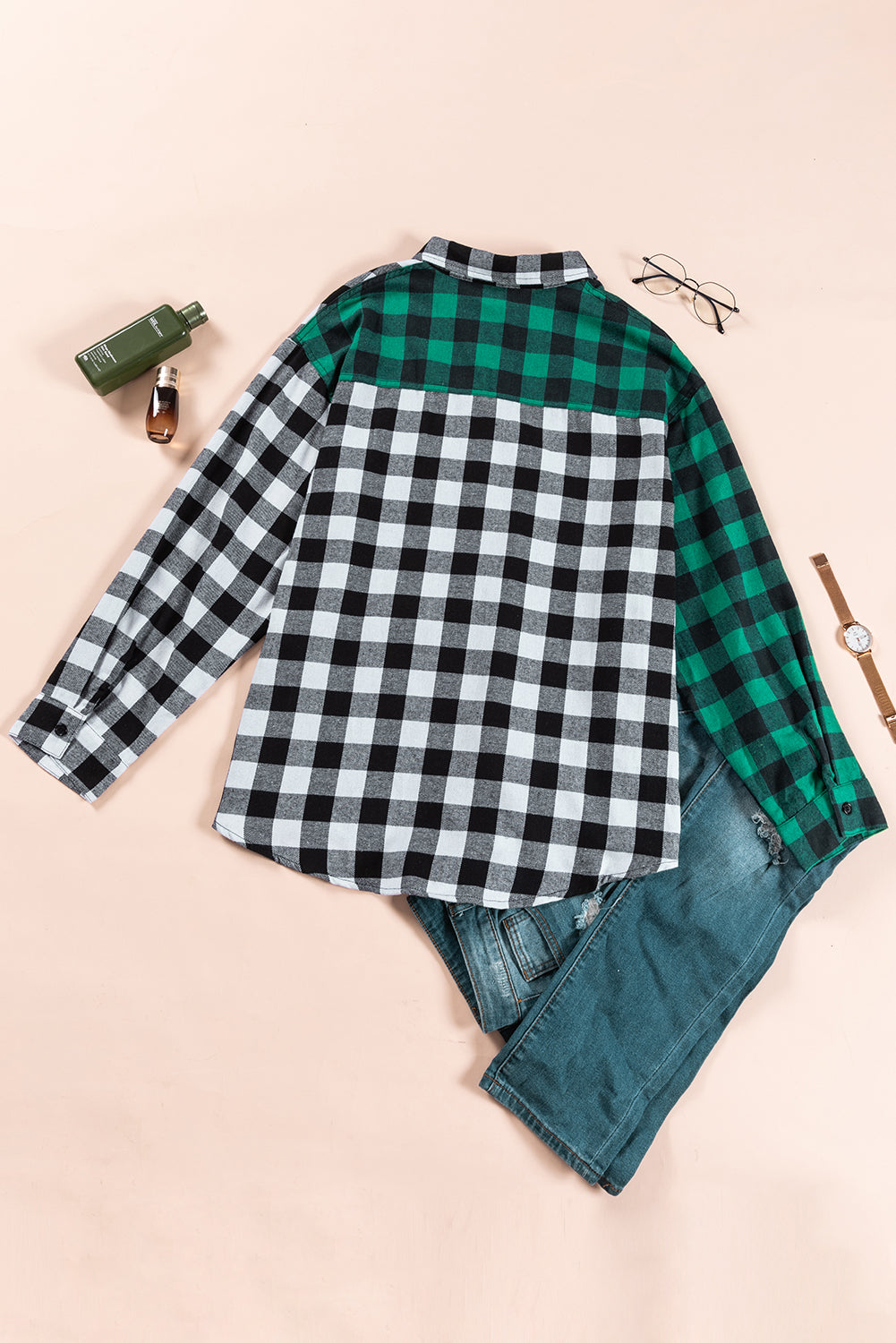 Sea Green Plaid Color Block Buttoned Plus Size Shacket