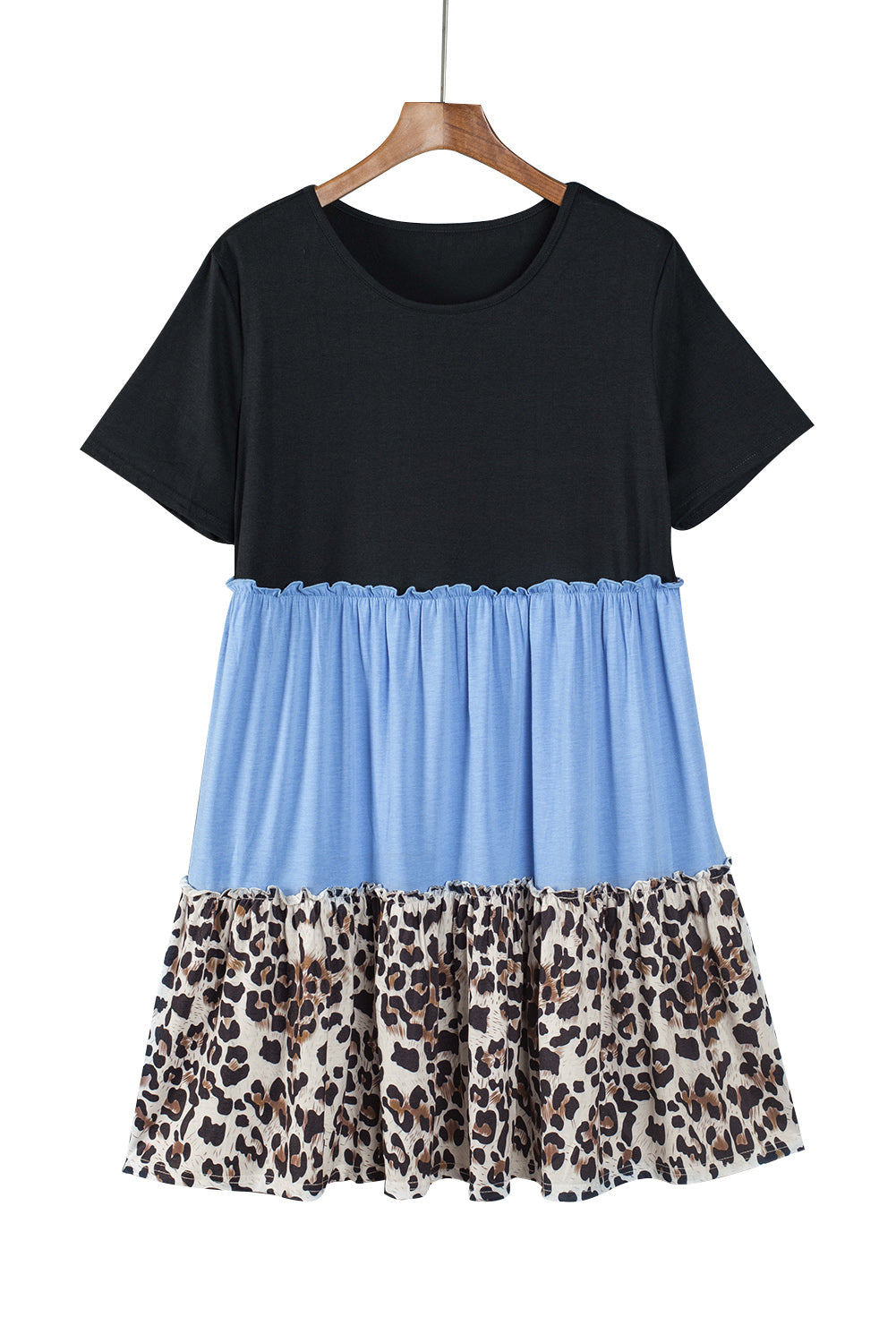 Sky Blue Colorblock Leopard Patchwork T Shirt Plus Size Dress