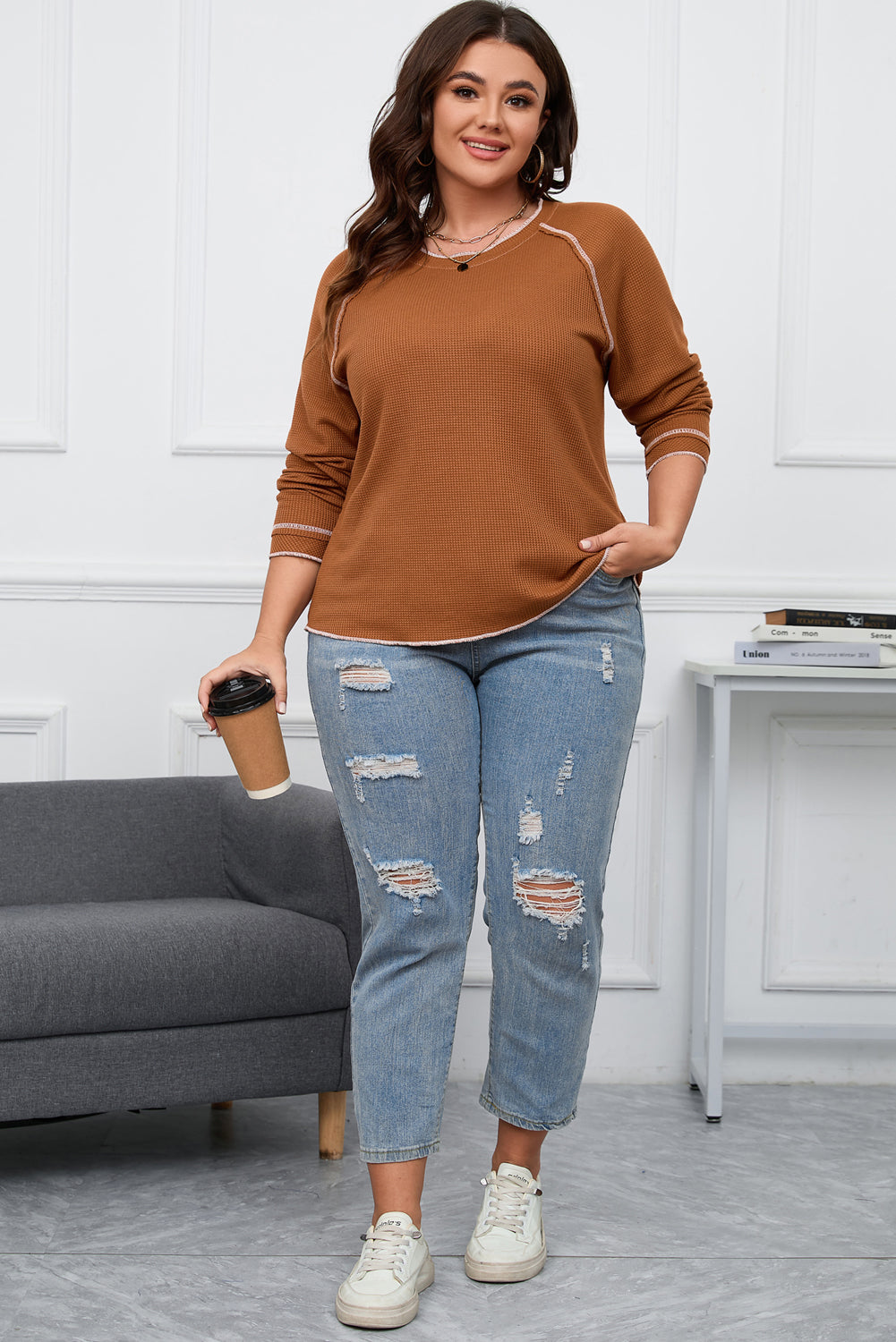 Chestnut Exposed Seam Detail Plus Size Textured Top