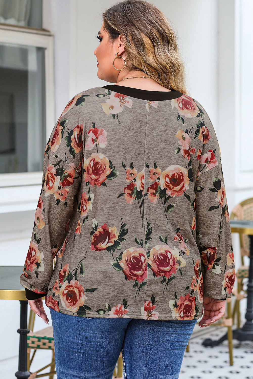 Gray Floral Long Sleeve Plus Size Henley Top