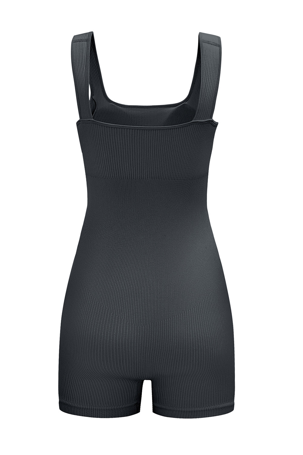 Black Ribbed Square Neck Padded Sports Romper