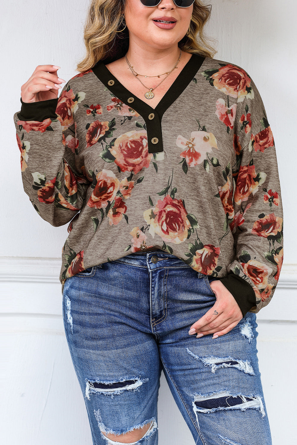 Gray Floral Long Sleeve Plus Size Henley Top