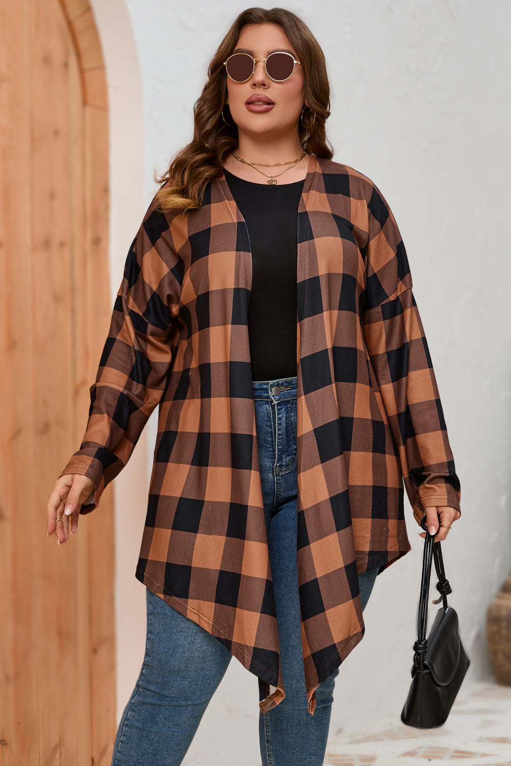 Brown Plus Size Plaid Pattern Open Front Cardigan