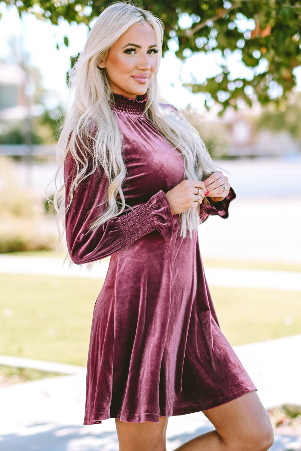 Burgundy Smocked High Neck Flounce Sleeve Velvet Dress