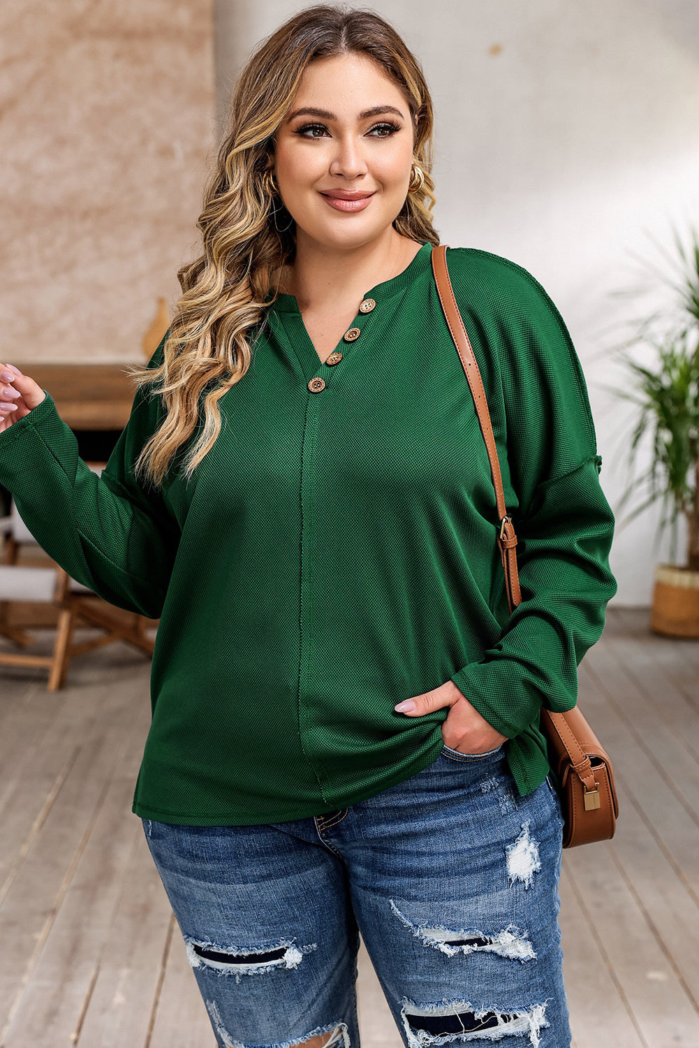 Green Exposed Seam Henley Buttoned Plus Size Long Sleeve Top