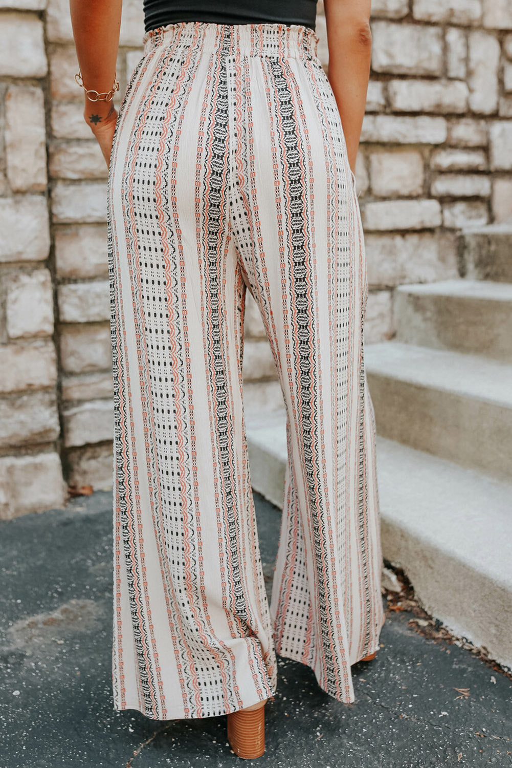 White Geometric Pattern Shirred Wide Leg Plus Size Pants