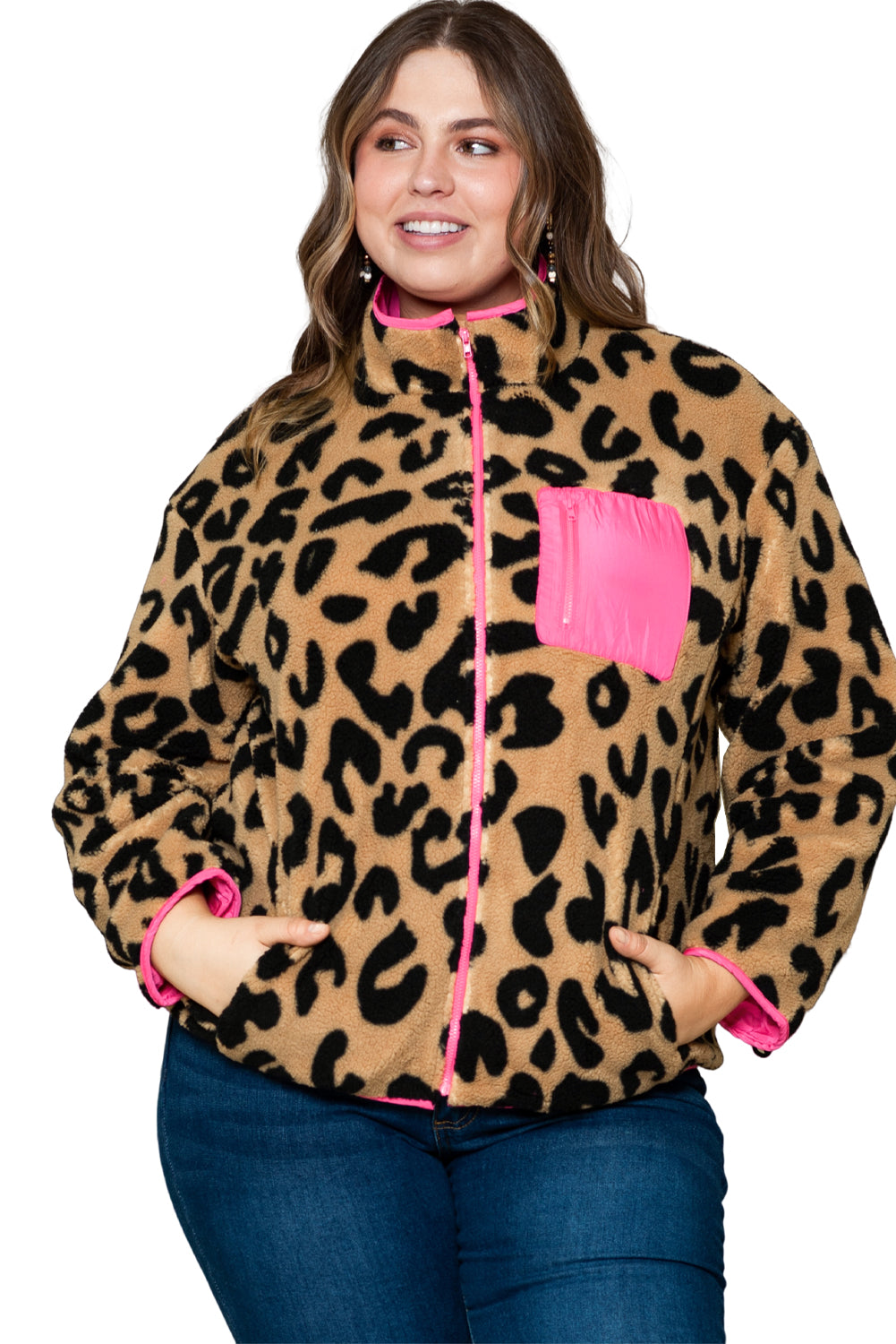 Leopard Plus Size Color Block Chest Pocket Sherpa Jacket